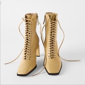 Zara Lace Up Leather High Heel Boots Square Toe